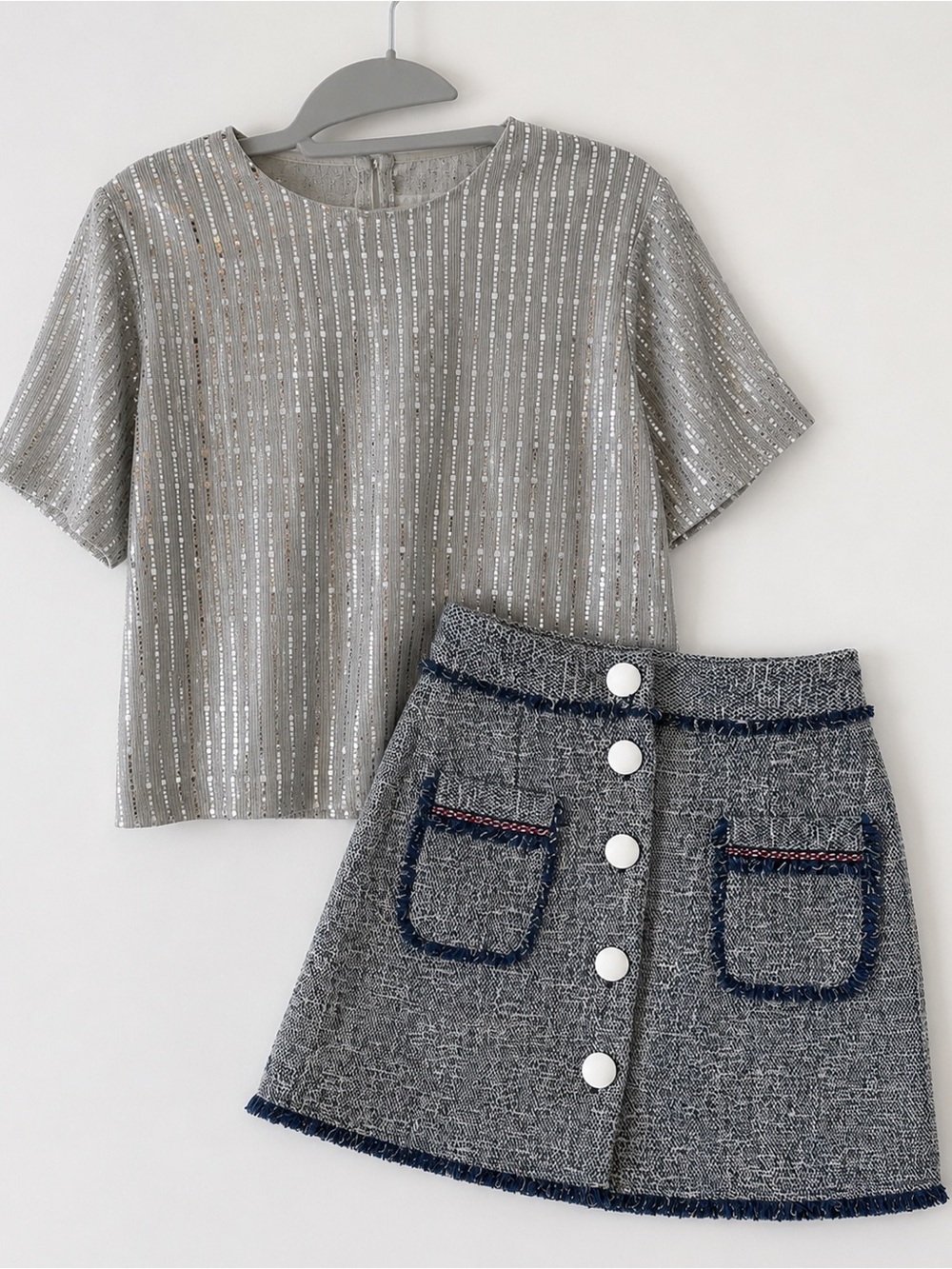 Zara Silver Sequin Top & Tweed Mini Skirt 2-Piece Set